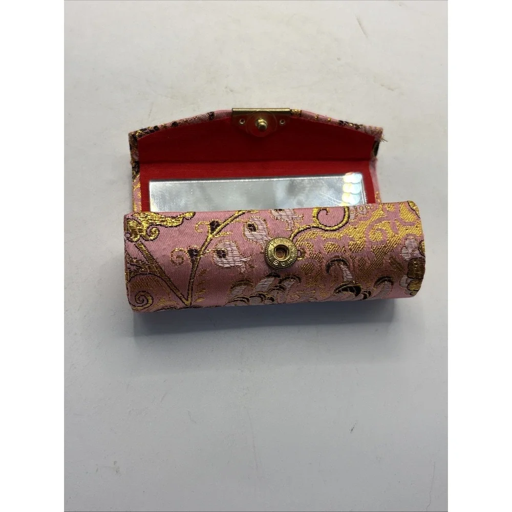 Vtg Chinese Pink & Gold Silk Brocade Lipstick Case w/ Mirror Retro Floral